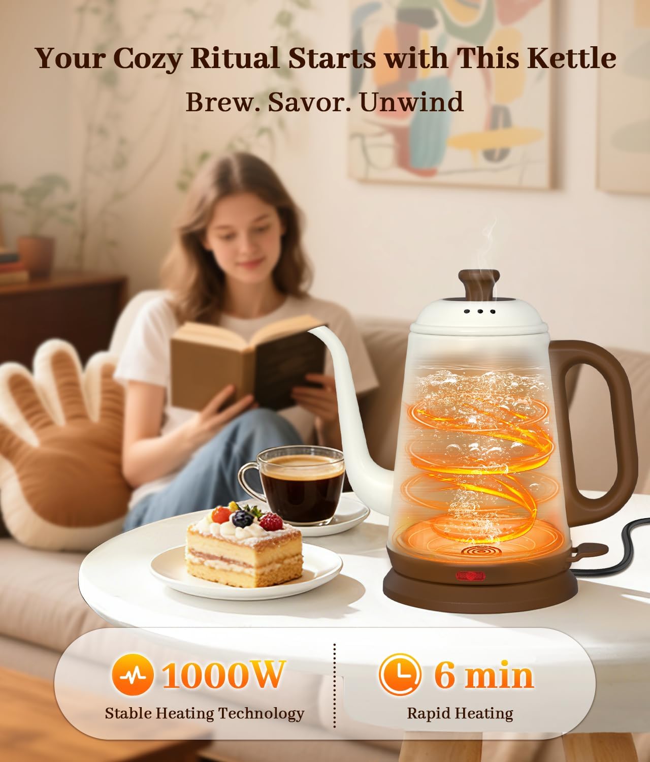 Gooseneck Electric Kettle 1L, 1000W, Pour-Over Coffee & Tea | Precise Flow Spout, 304 Stainless Steel, BPA-Free, Fast