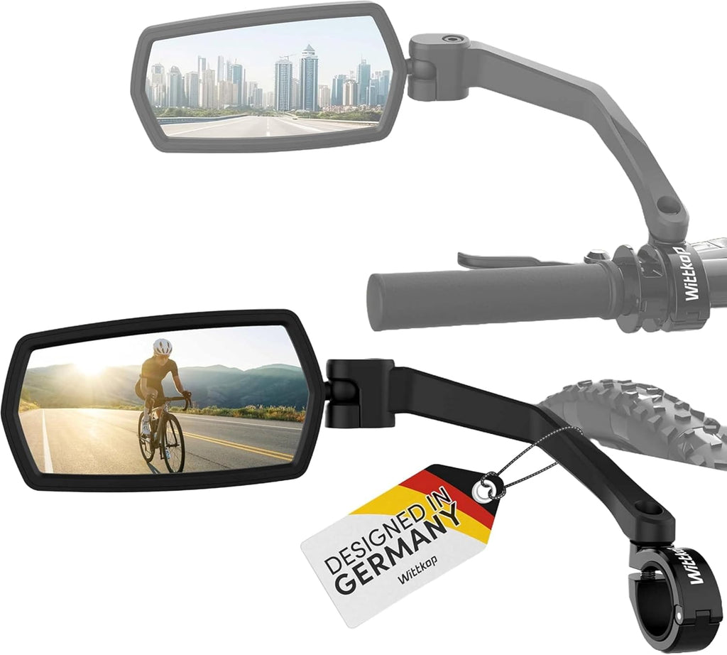 Bike mirror | Large HD field of vision | 360° rotatable & foldable | Mounting above & below | Break-proof & durable |