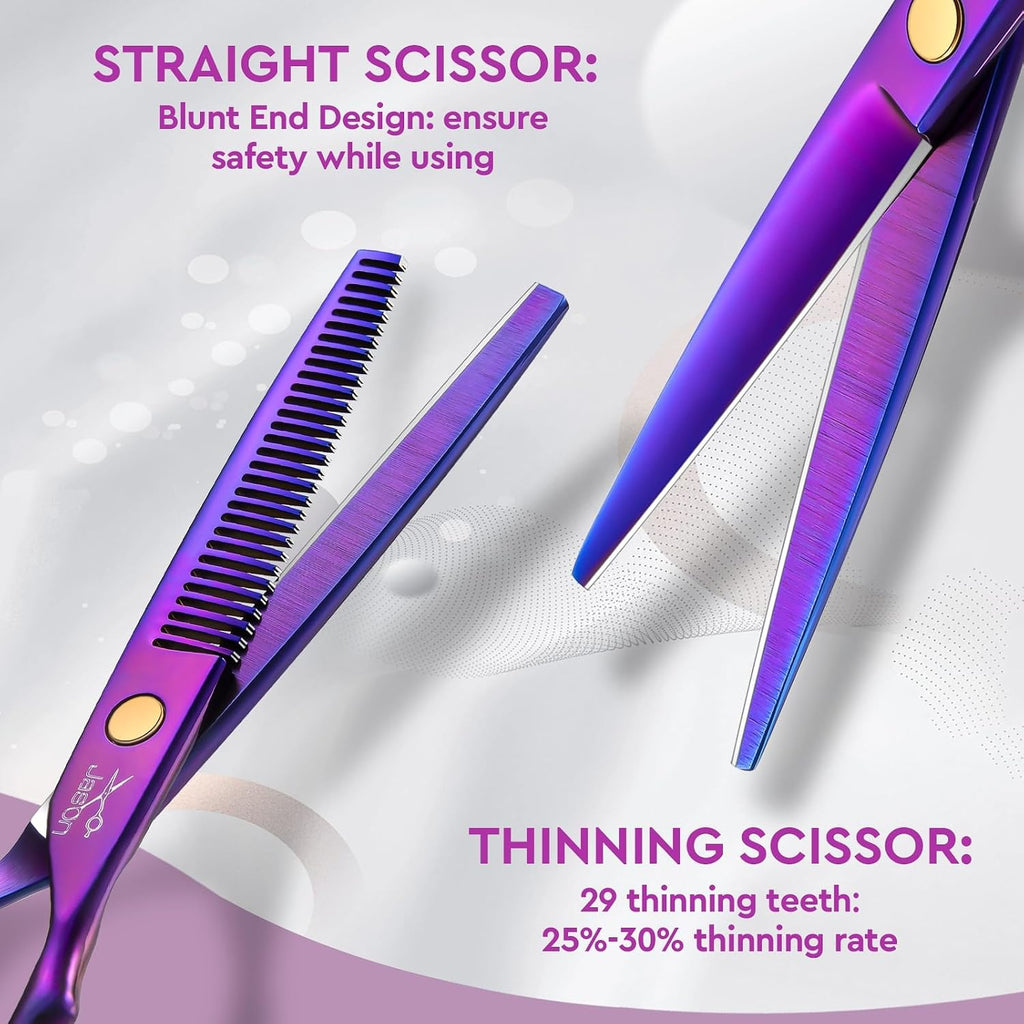 Hair Cutting Scissors Set - 10 PCS Professional Haircut Shears Purple | Thinning Shear for Hair Cutting with 30