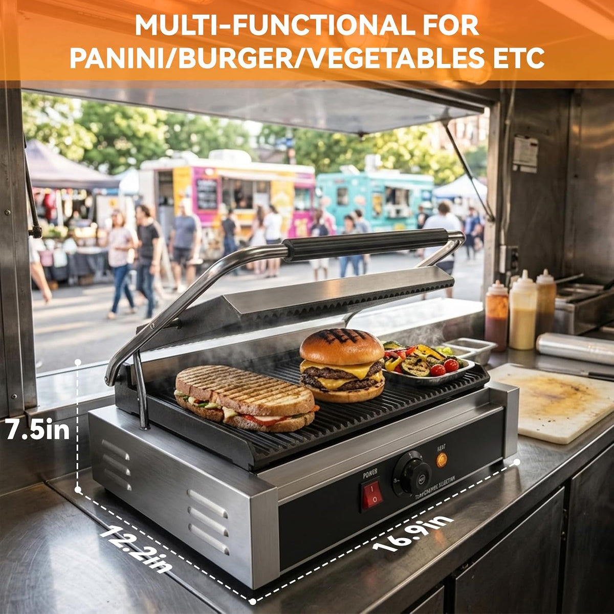 Commercial Panini Press Grill, Sandwich Maker, Adjustable Temperature