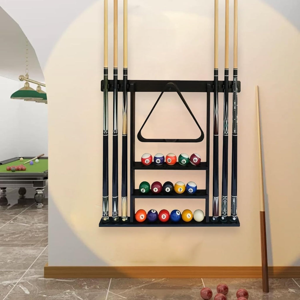 Pool Stick Holder Wall Mounted Pool Cue RackSolid Wood Billiard Stick Holder with Accessory Shelf, Heavy Duty Game