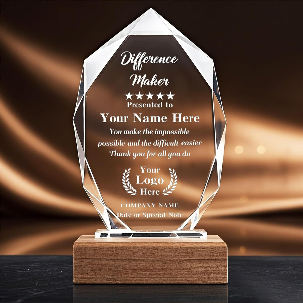 Custom Crystal Trophy Award with Wood Base, Personalized Engraved Text and Logo on Glass Plaque, Appreciation Gift