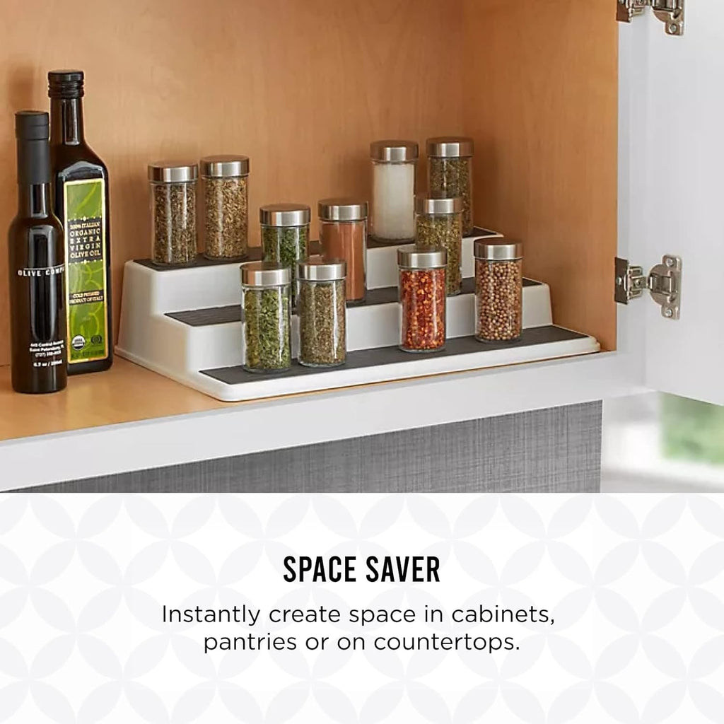 Non-Skid 3-Tier Spice Rack Organizer for Cabinet - 10 Inch Kitchen Pantry Organizer with Raised Rims, White and Gray