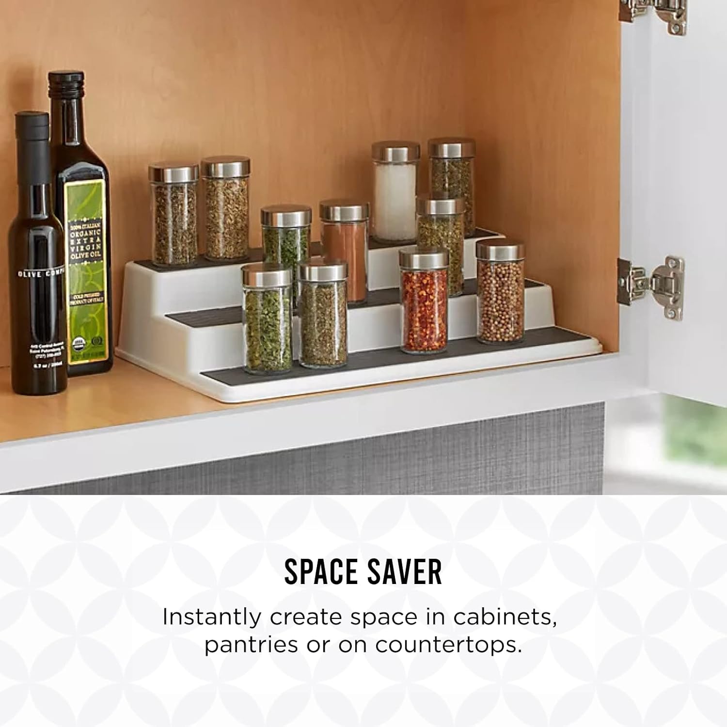 Non-Skid 3-Tier Spice Rack Organizer for Cabinet - 10 Inch Kitchen Pantry Organizer with Raised Rims, White and Gray