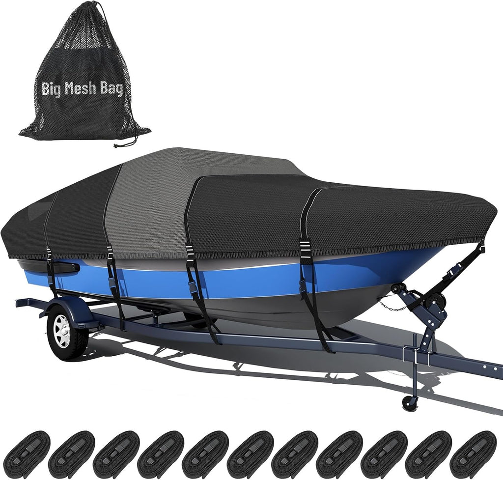 1600D+1200D V-Hull Boat Cover with 2" Wide Loops,16-18.5ft | Durable Waterproof Cover for Trailering & Mooring Fits