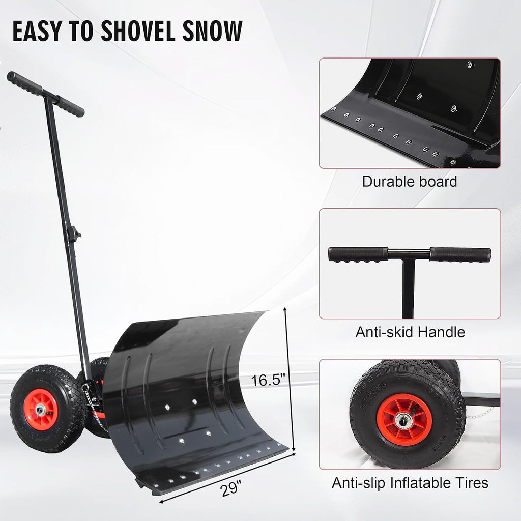 Snow Shovel for Driveway with Wheels | Metal Snow Pusher, 29" Adjustable Blade, Heavy Duty Snow Plow, Driveway Snow