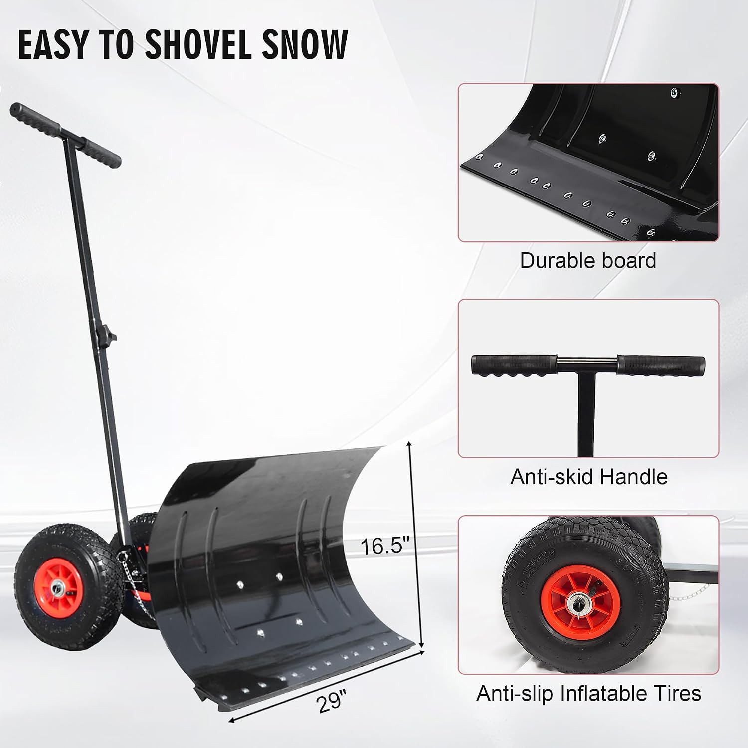 Snow Shovel for Driveway with Wheels | Metal Snow Pusher, 29" Adjustable Blade, Heavy Duty Snow Plow, Driveway Snow