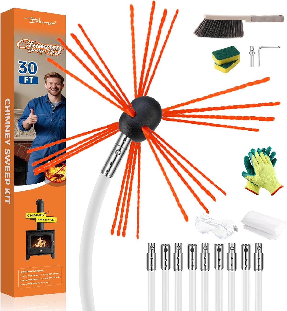 30FT Ergonomic Chimney Sweep Kit, Strong Brush & 9 Flexible Rods