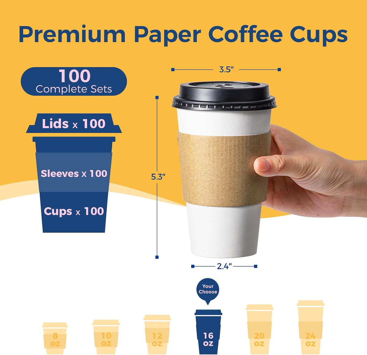 16 oz 100 Pack To Go Coffee Cups with Lids and Sleeves