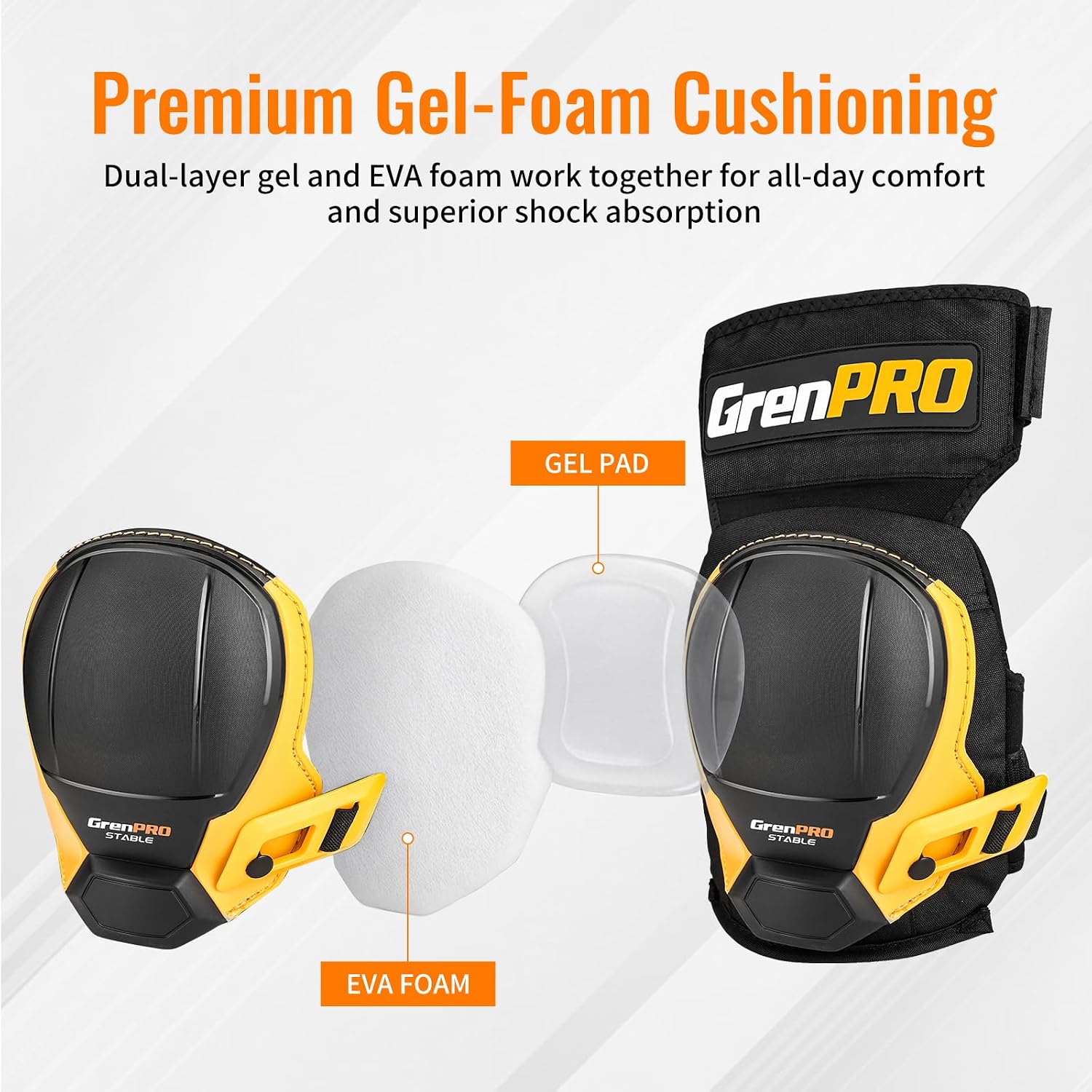 Heavy Duty Knee Pads for Men, Gel Foam, TPR Shell, Construction | POM buckles, neoprene straps, 4-point fastening