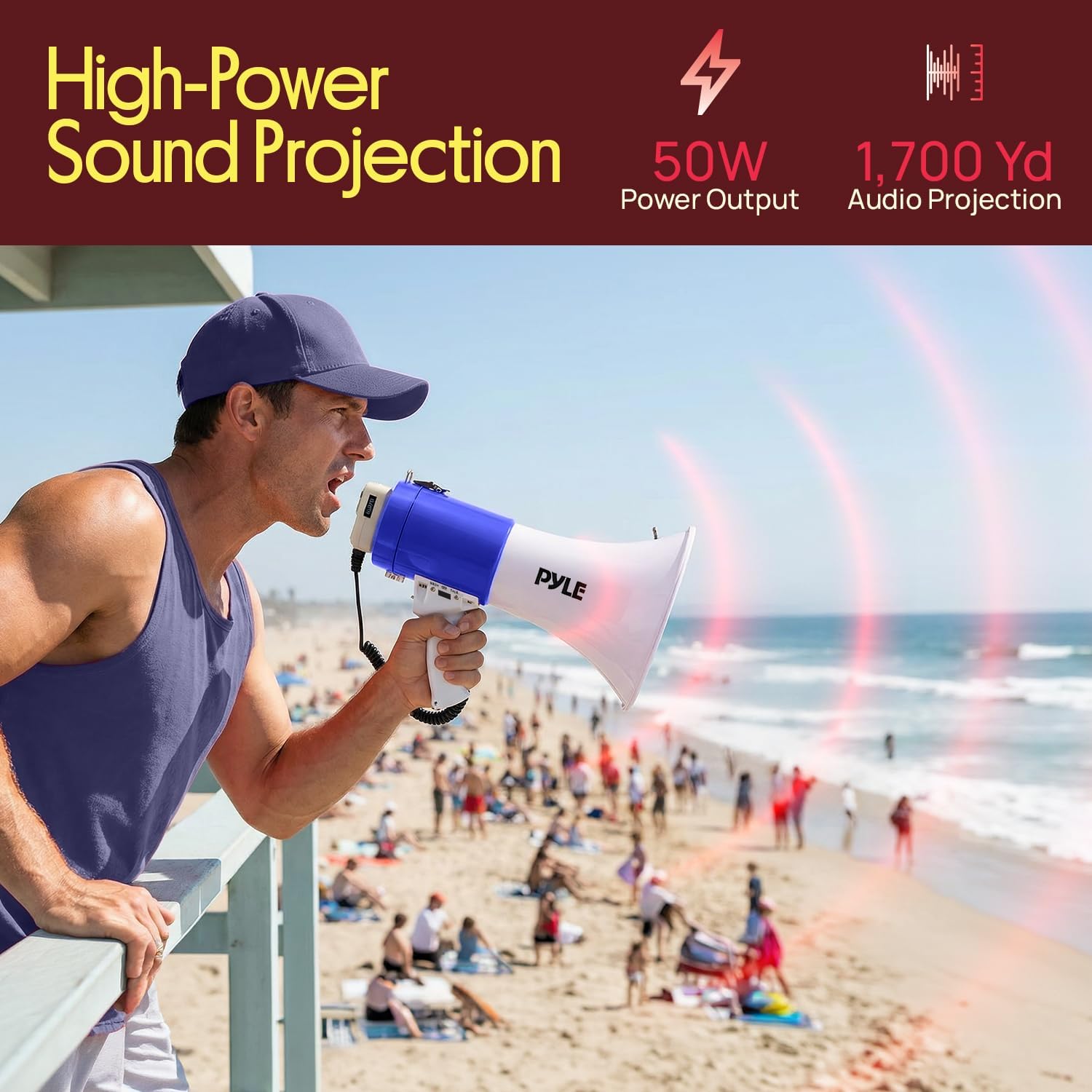 50W Portable Megaphone Bullhorn Speaker – Alarm Siren, Adjustable Volume up to 1700 Yards, Aux Input, USB/TF