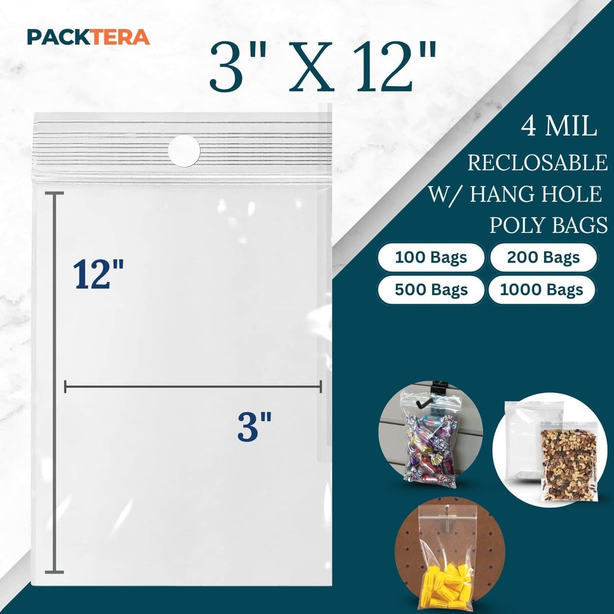 3" X 12" Reclosable Zipper Plastic Poly Bags With Hang Hole 4 Mil LDPE (Pack of 1000) Clear Sealable With Resealable
