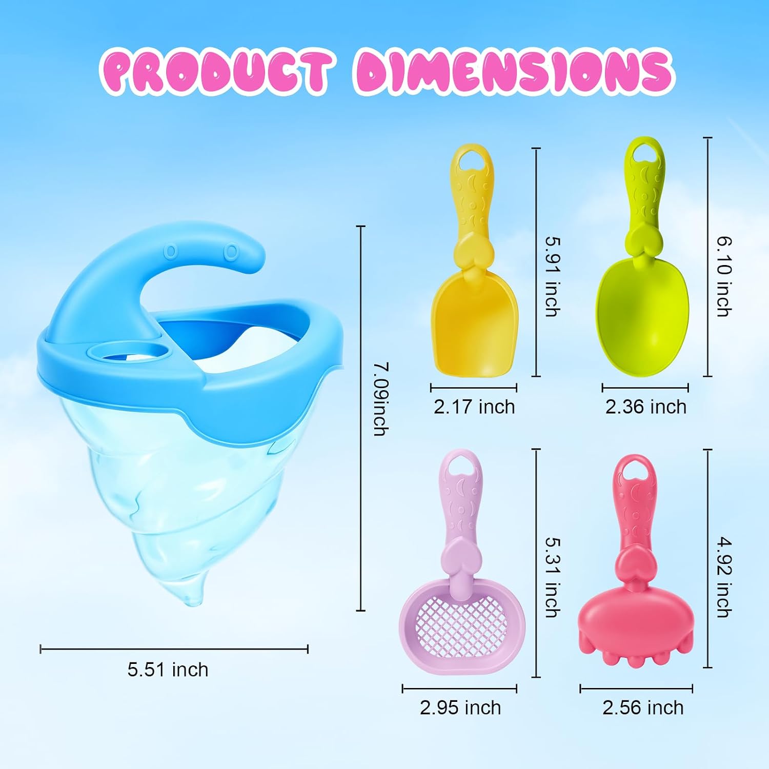 Beach Toys for Kids, 5Pcs Sand Spilling Funnel,Set with Shovel Rake Siftersand Spoon,Outdoor Sandbox Toys for