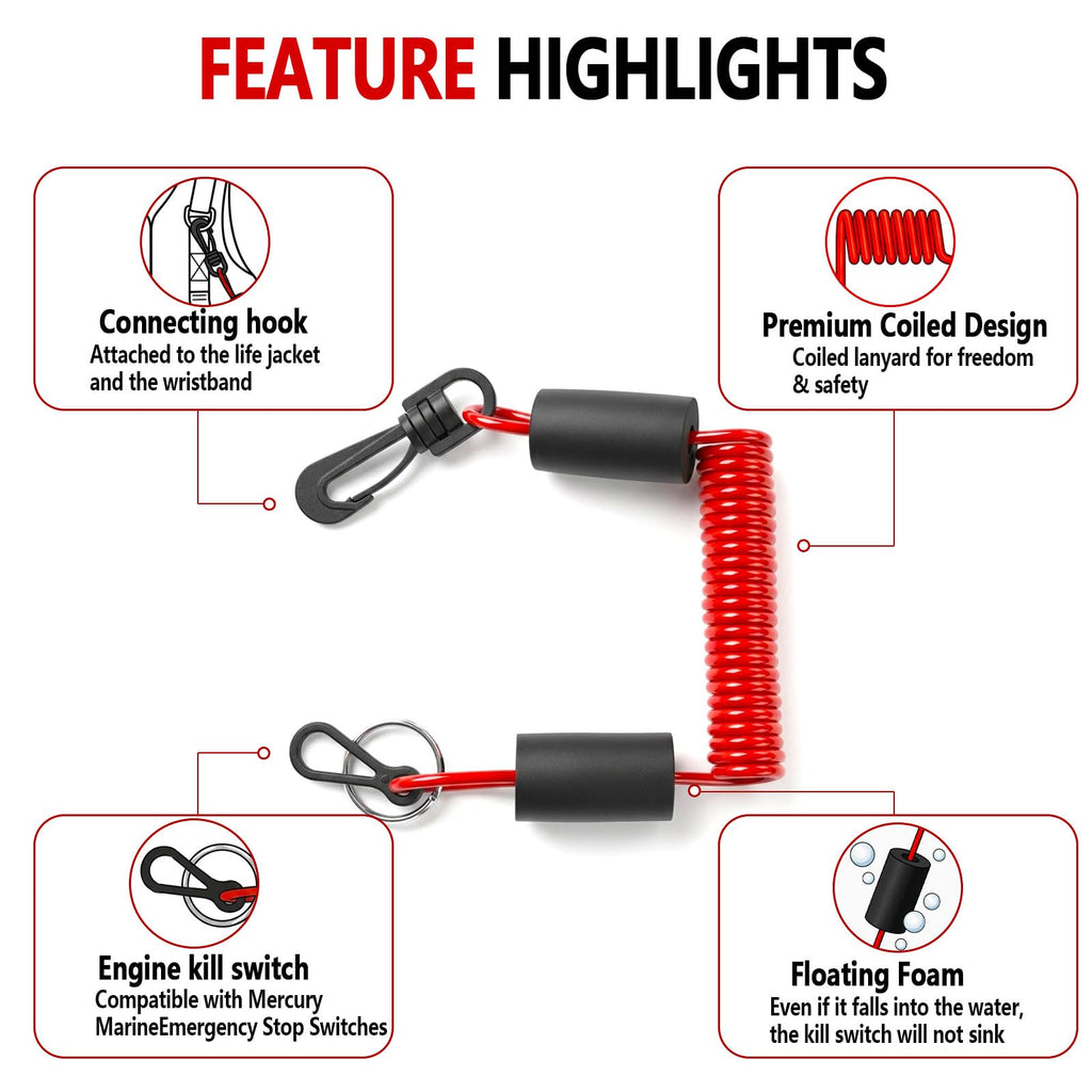 TRKETA Floating Boat Kill Switch Lanyard for Mercury Safety Stop Cord