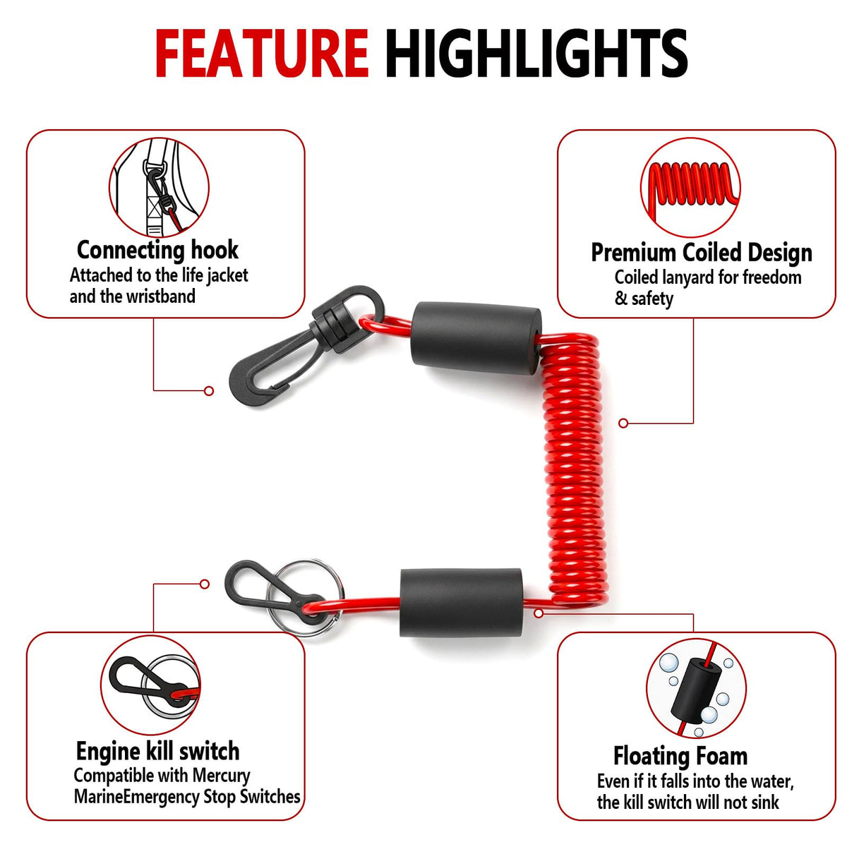 TRKETA Floating Boat Kill Switch Lanyard for Mercury Safety Stop Cord