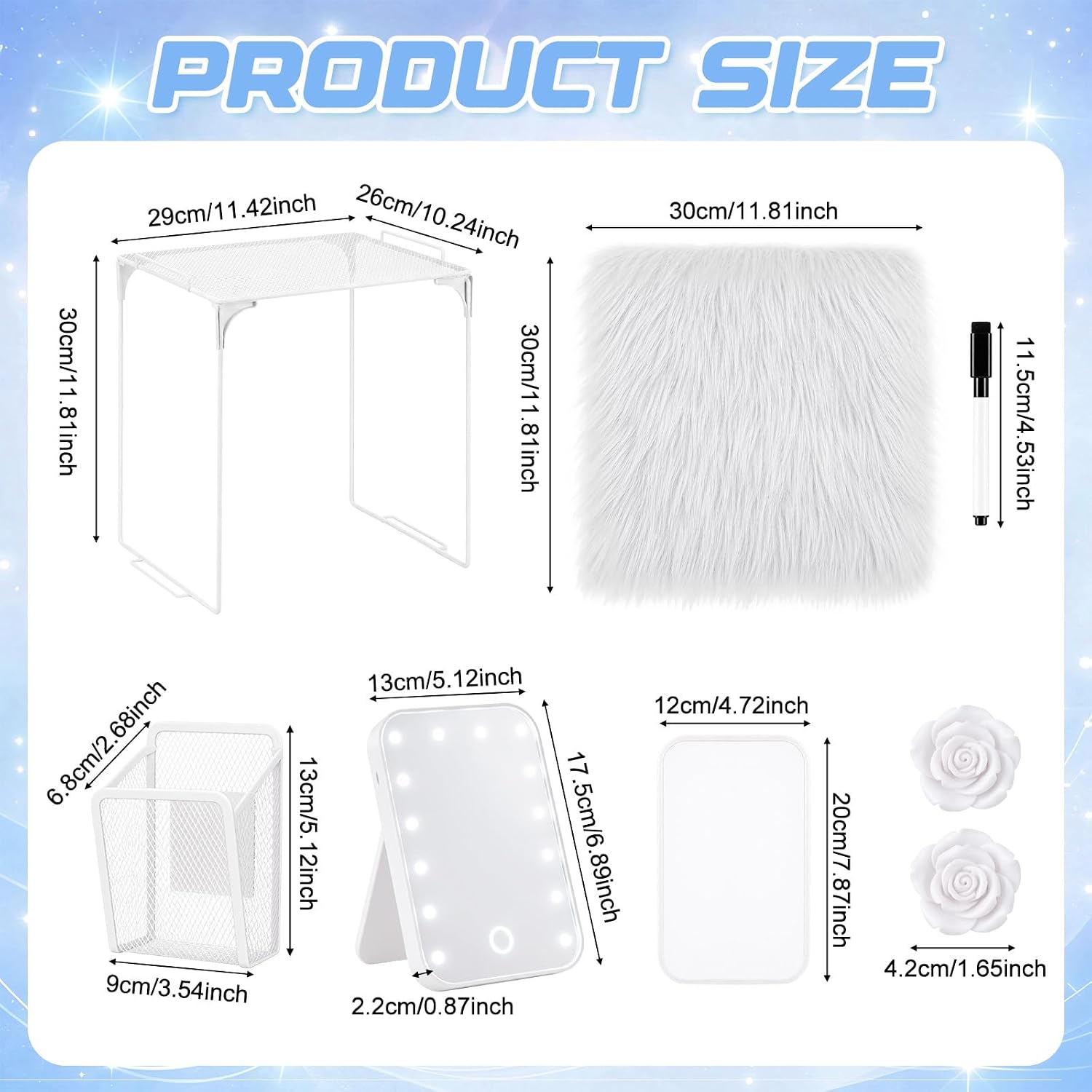 10 Pcs Locker Accessories with Locker Shelf, LED Mirror, Pen Holder, Magnetic Whiteboard with Marker, Back to School