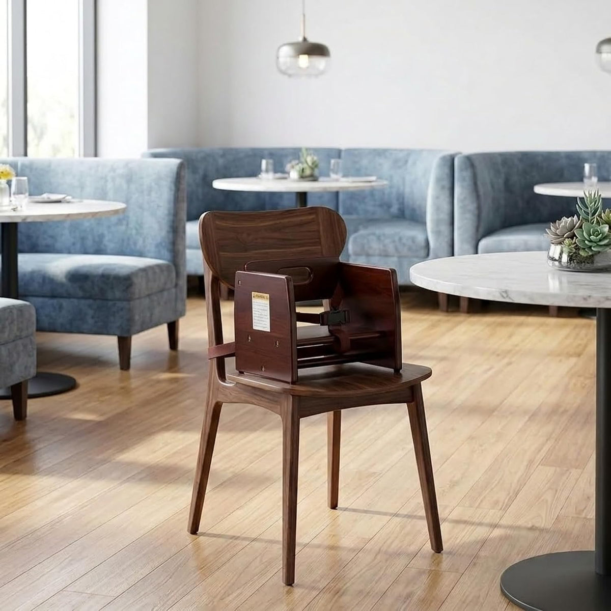 Dark Brown Wooden Raised Restaurant Chair for Smaller Guests