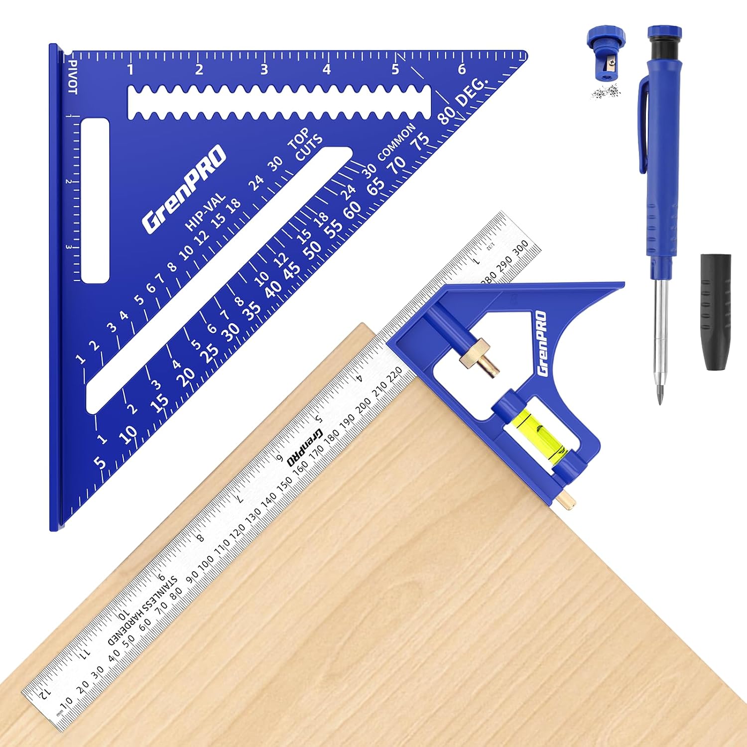 Combination Square Set, 7 & 12 Inch Aluminum Zinc Carpenter Tool | Stainless Ruler & Scriber Included, 2-in-1 Pencil