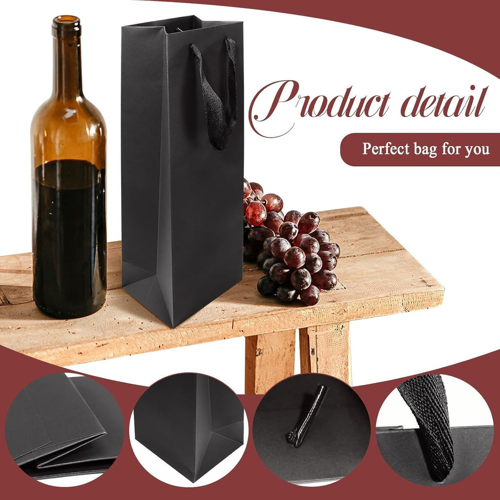 20 Pack Black Kraft Paper Wine Gift Bags with Ribbon Handles