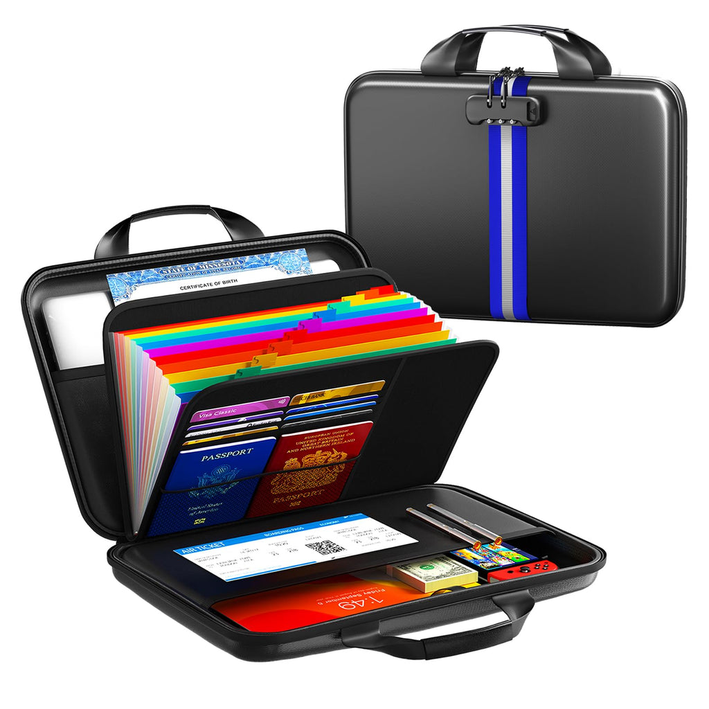 Fireproof Document Organizer with Lock, Semi-Rigid EVA Shell File Box with 13-Pocket Accordion Folder