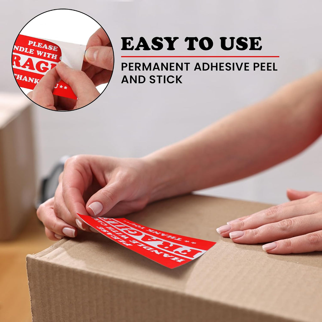 1000 Labels 3" x 5" Fragile - Handle with Care Label Sticker Red Semi Gloss (2 Roll)