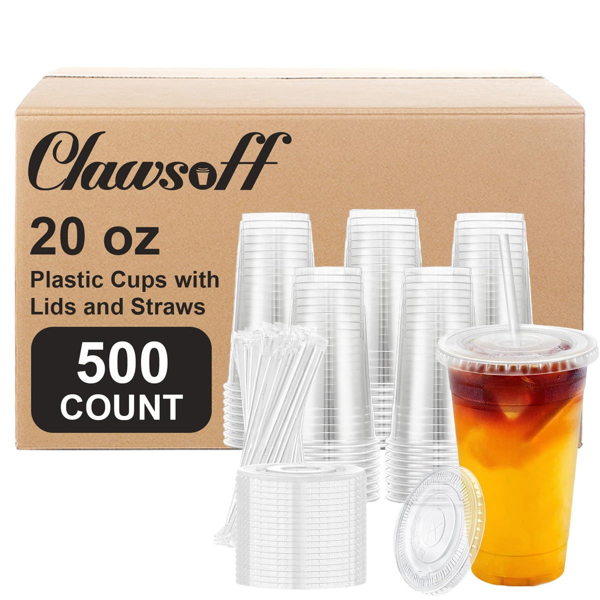 500 Pack 20 oz Disposable Clear Plastic Cups with Lids and Straws