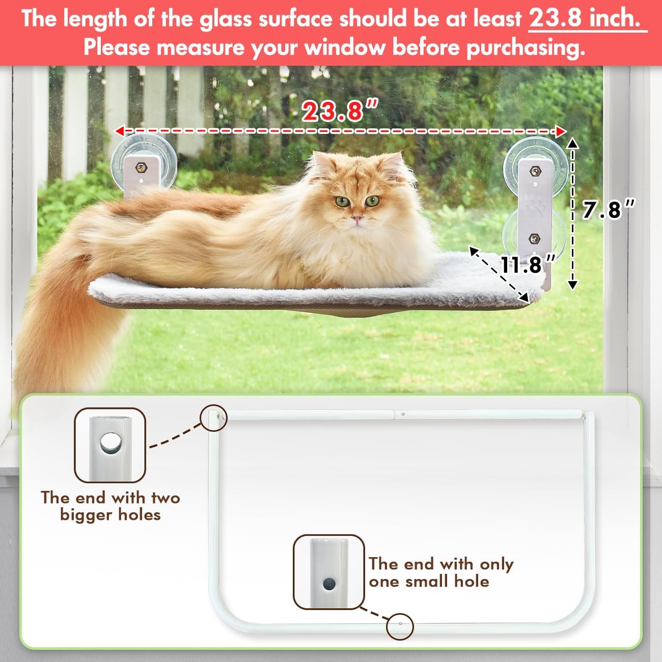 Cordless Cat Window Perch, Cat Hammock for Wall with 4 Suction Cups, Anchor&Screw for Two Ways of Installation, Solid