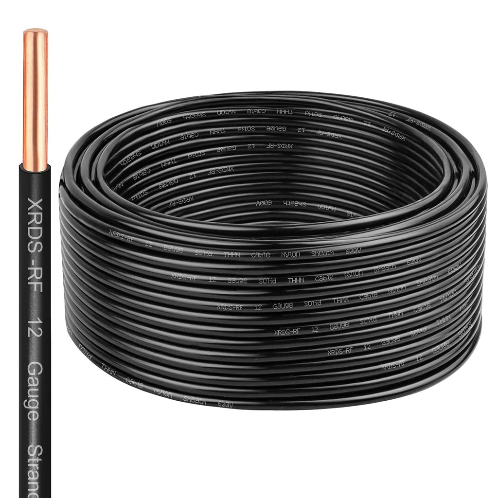 THHN Wire 50 FT, Single Bare Copper Conductor, 12AWG Black Electrical Wire, Solid Building Wire 600V Nylon Sheath