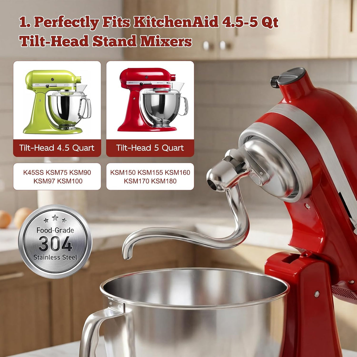 Spiral Dough Hook for KitchenAid 4.5-5 Qt Tilt-Head Stand Mixers