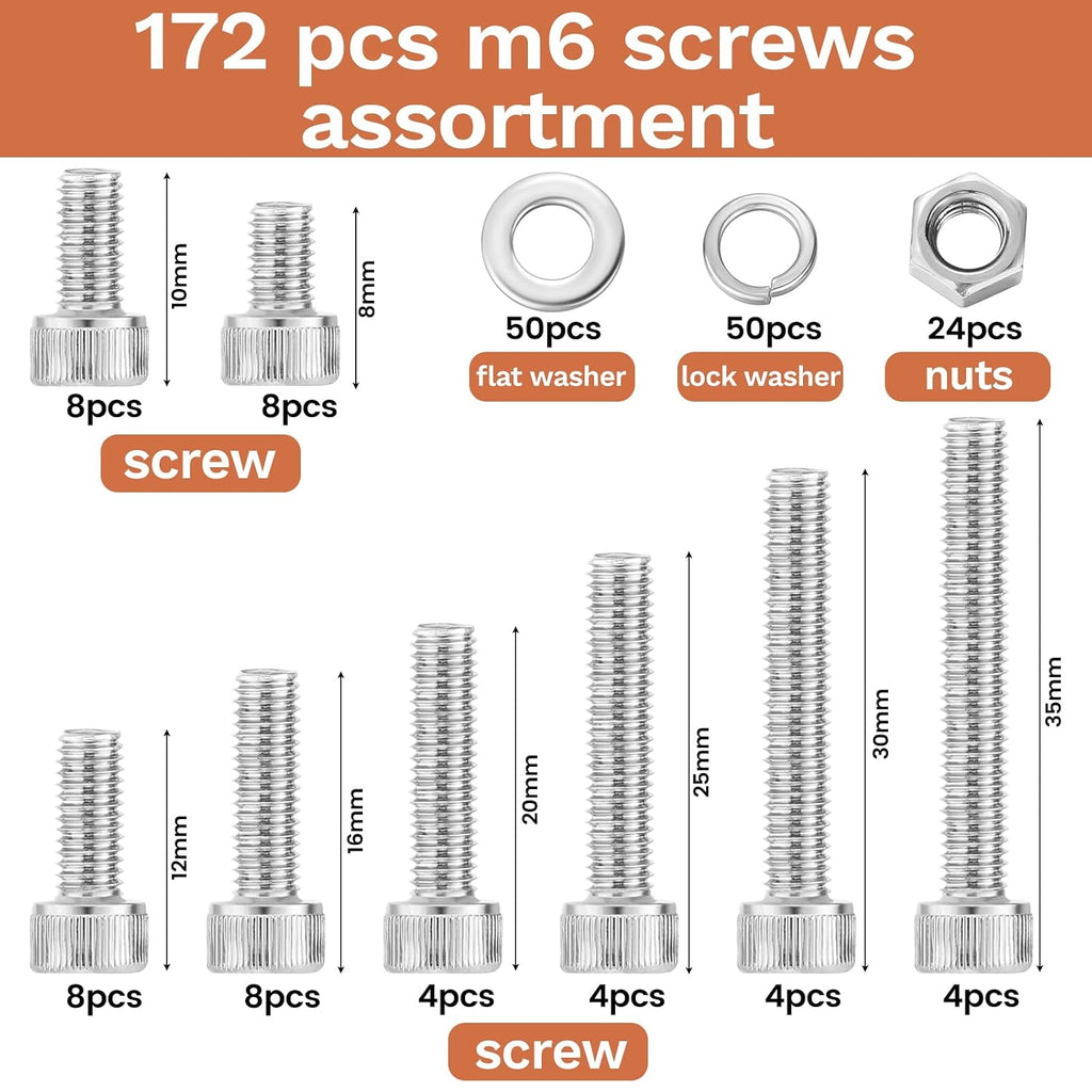 Hapric 172 Pcs M6 Bolts Assortment Kit, M6x 8-35MM Screw Kits