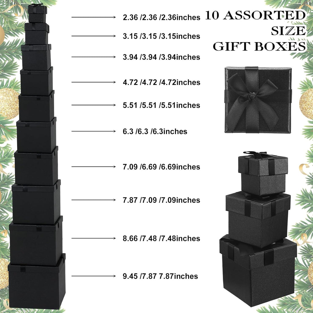 10 Pcs Xmas Gift Box with Lid Bow,Black,10 Size