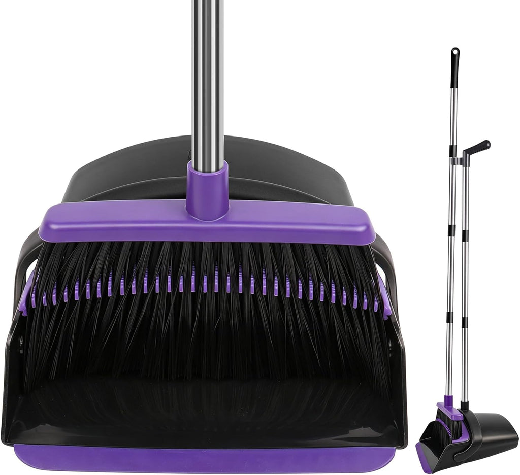 Broom and Dustpan Set, Upright Purple Broom with Dustpan Combo Set 51" Long Handle, Self Cleaning Dust Pan for Home