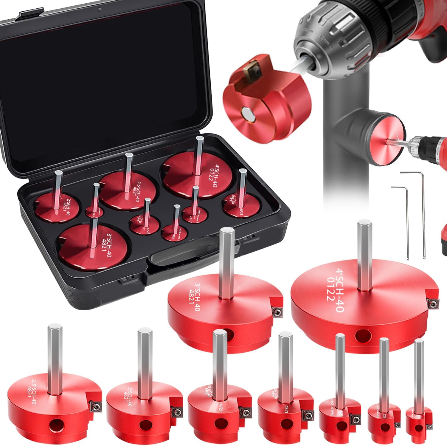 9-Piece PVC Pipe Reamer Kit for 1/2" Drills - 1/2",3/4",1",1-1/4",1-1/2",2",2.5",3",4” Inner Cutter Tool Reamer for