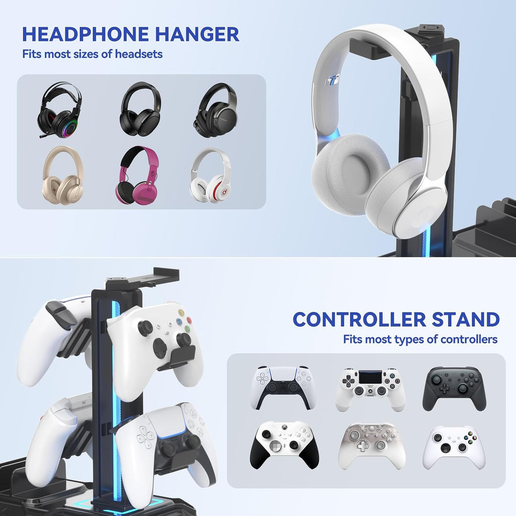 Headphone Stand with USB A&C Charger Ports - RGB Controller Stand with Detachable Hooks - Rotatable Headset Hanger &