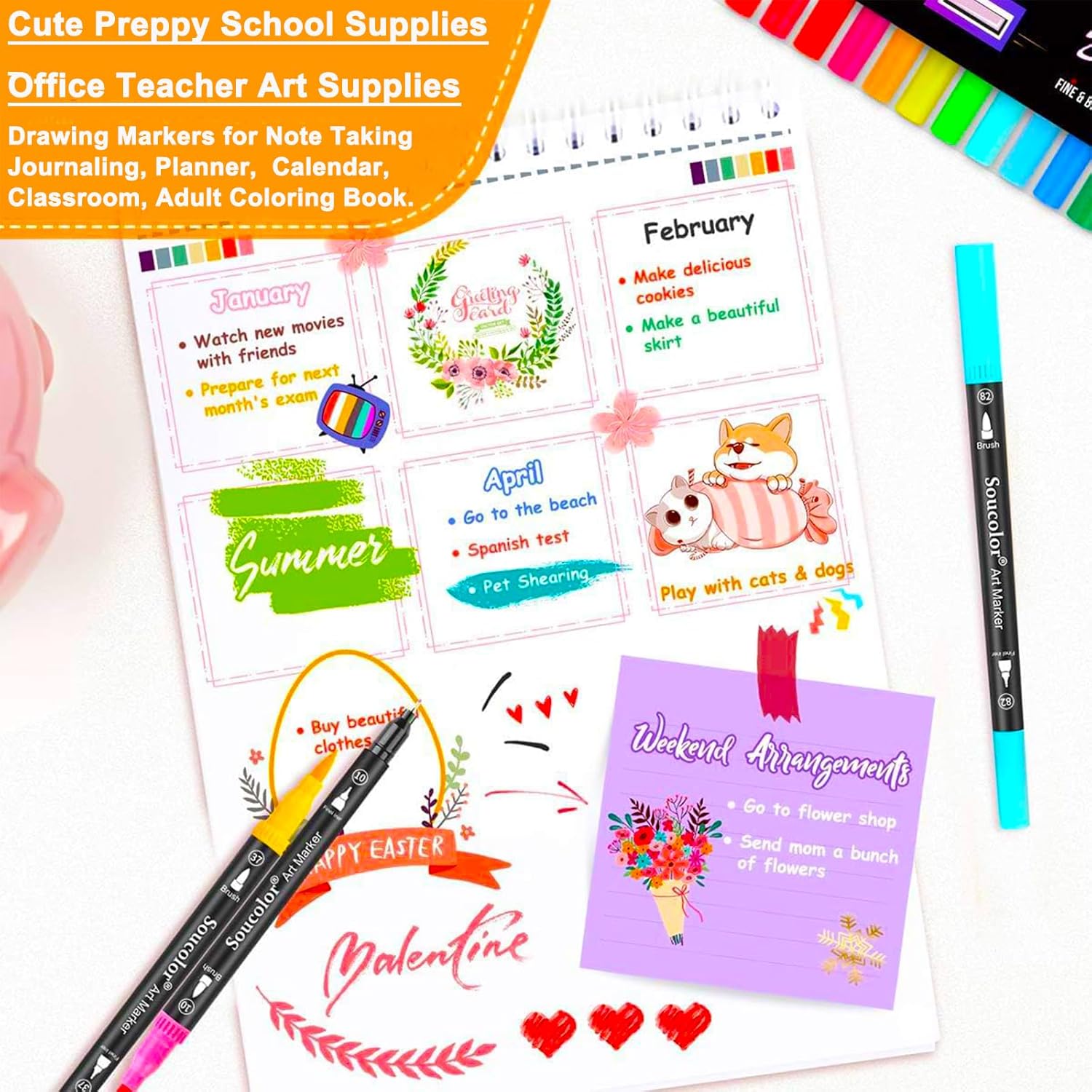 Art Brush Markers Pens for Adult Coloring Books, 36 Colors Numbered Dual Tip (Brush and Fine Point) Marker Pen for