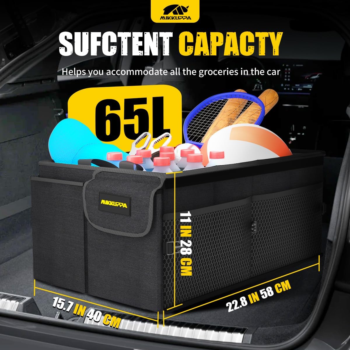 Car Trunk Organizer - 65L Collapsible Trunk Organizer with Lid, Sturdy Car Storage for SUV Auto Truck Van with