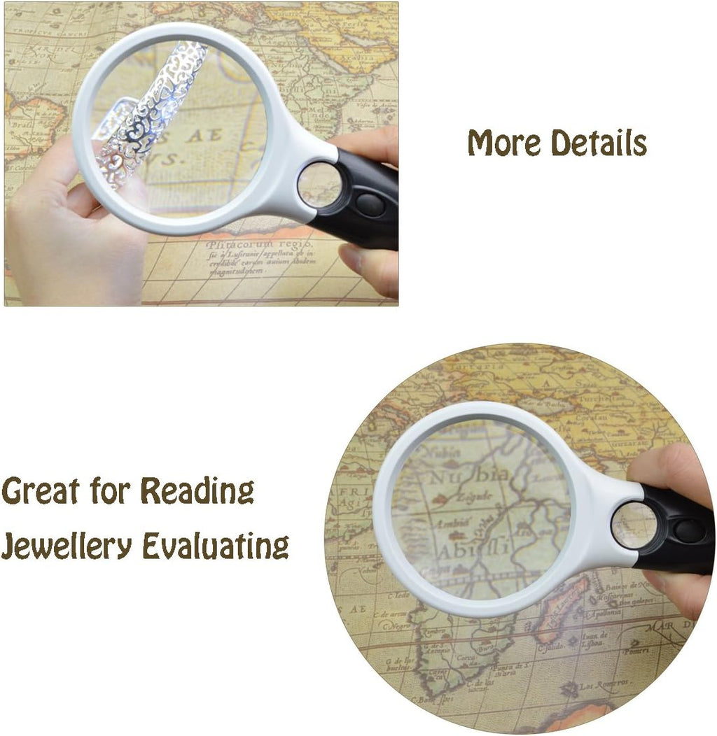 Magnifier 3 LED Light Handheld 3X 45X Glass Magnifier for Reading Jewelry | Portable, with bright white bulbs,for