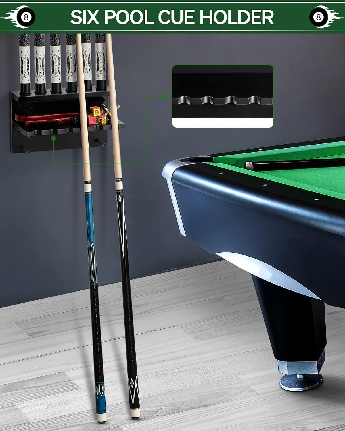 Wall Mount Pool Stick Holder - Billiards Pool Cue Rack Hardwood Pool Cue Set Holder for 6 Cues Sticks Storage Pool