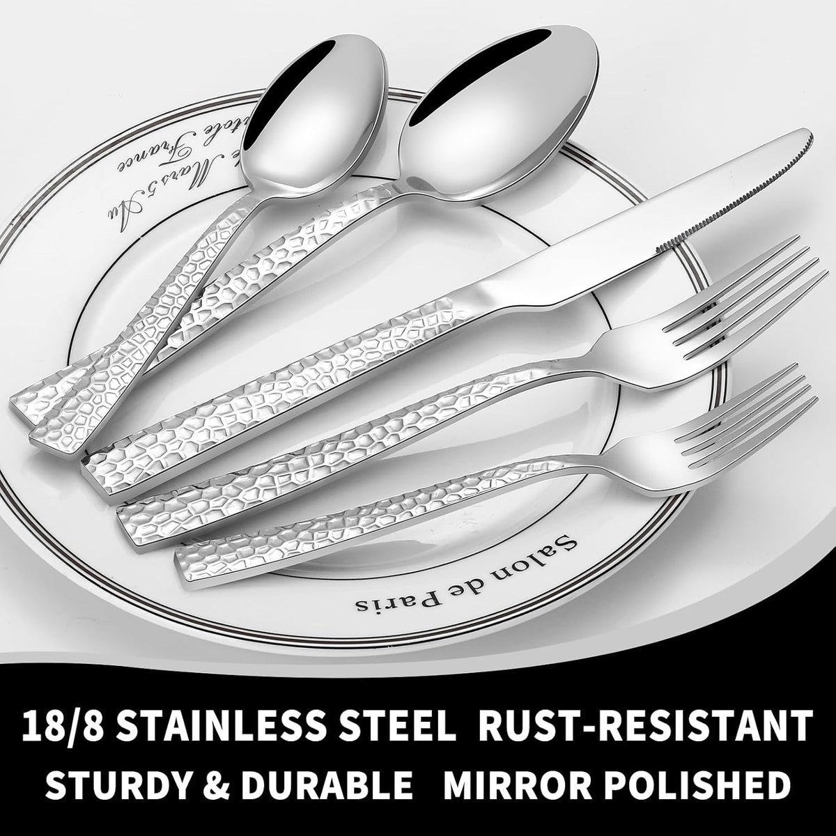 60 Piece Silverware Set for 12, Amafox Stainless Steel Hammered Flatware Set, Kitchen Utensil Cutlery Silverware Set