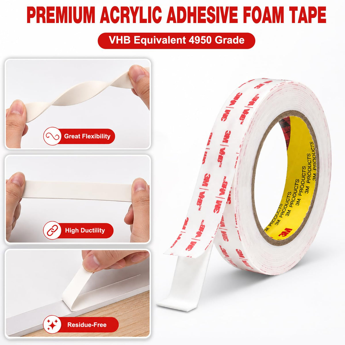 Double Sided Tape Heavy Duty for Walls, Removable mounting Tape 1in X 9.85ft, Strong Adhesive Foam Tape for Carpet