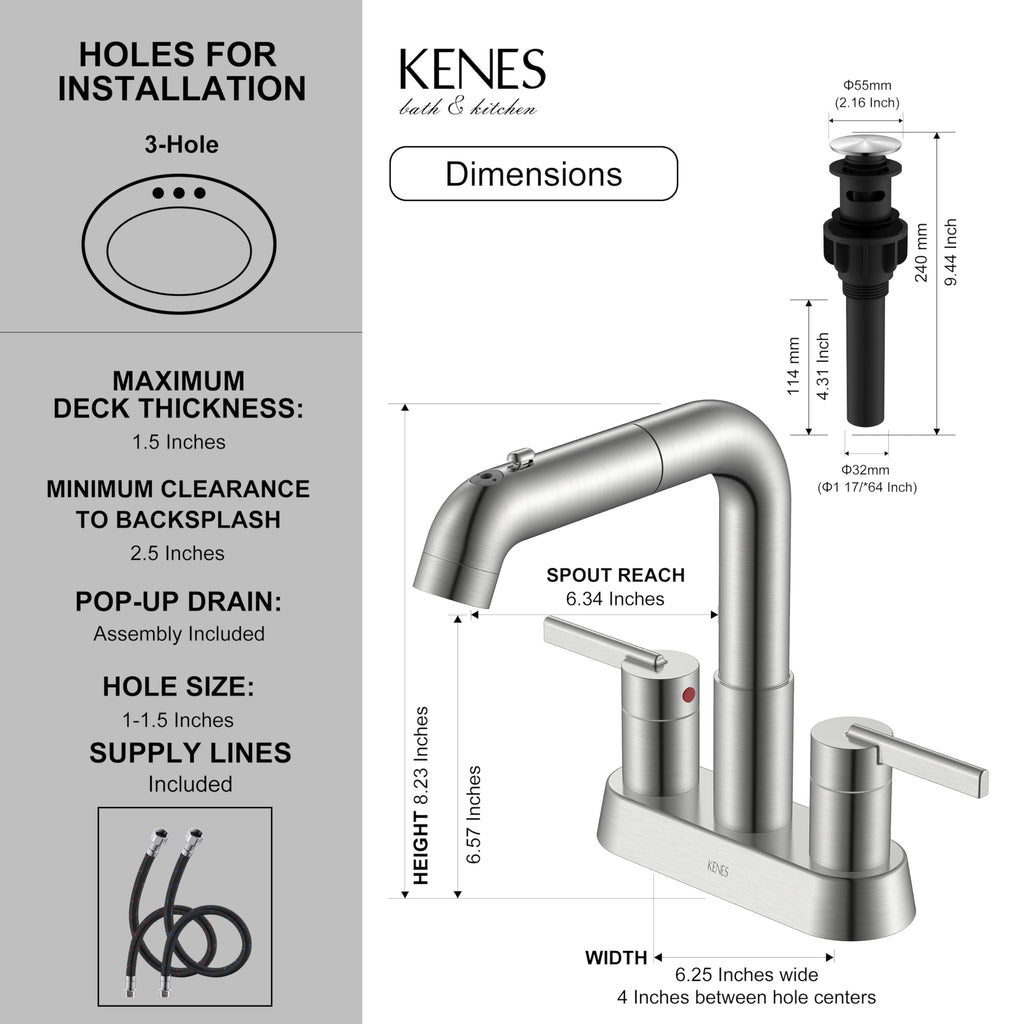Brushed Nickel Pull Down Centerset Bathroom Faucet 2 Handle 3 Hole