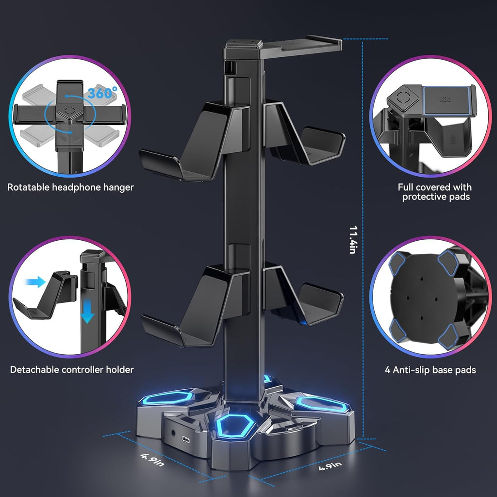 Gaming Headphones Stand, Rotatable Headset Stand with Light Modes - Controller Holder with 2 USB Charging Ports and