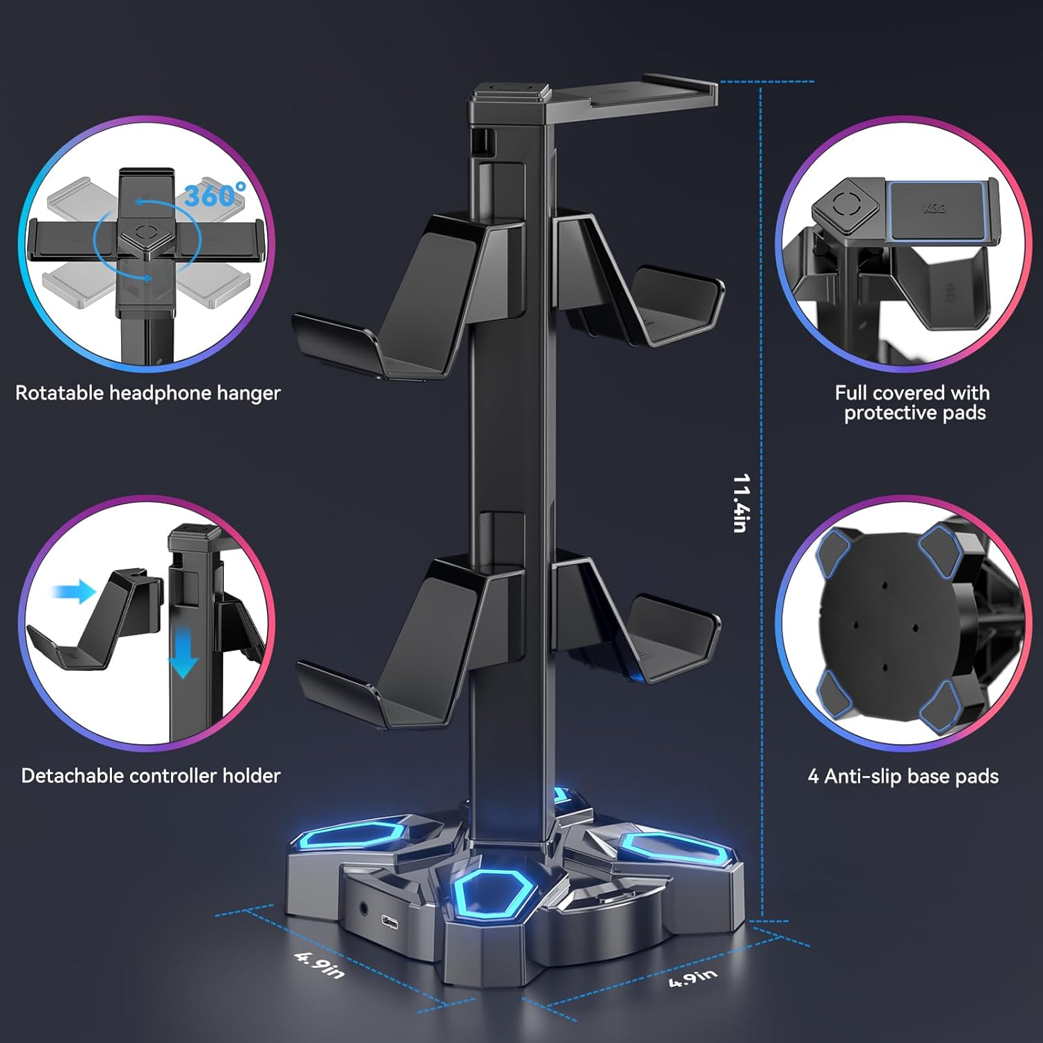 Gaming Headphones Stand, Rotatable Headset Stand with Light Modes - Controller Holder with 2 USB Charging Ports and