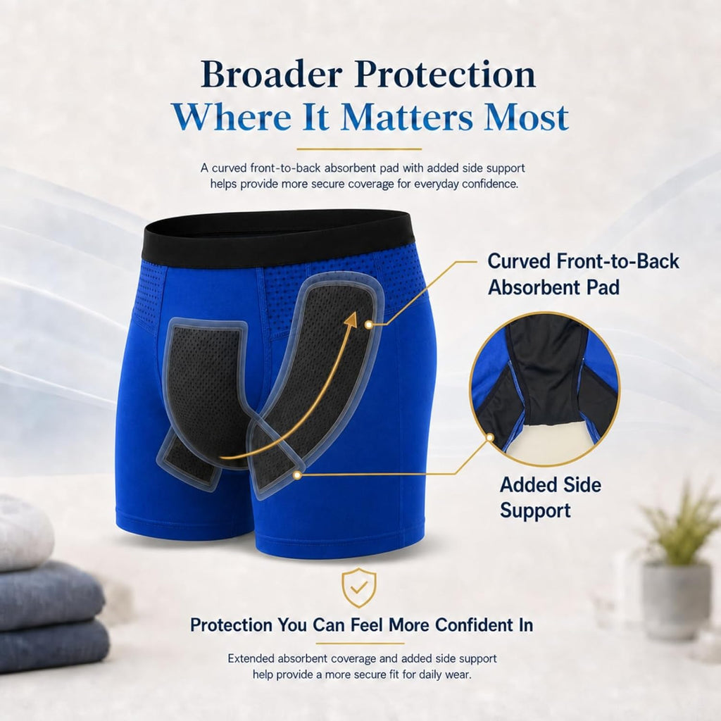 Mens Incontinence Underwear Washable Reusable Boxer Briefs (Blue, X-Large)