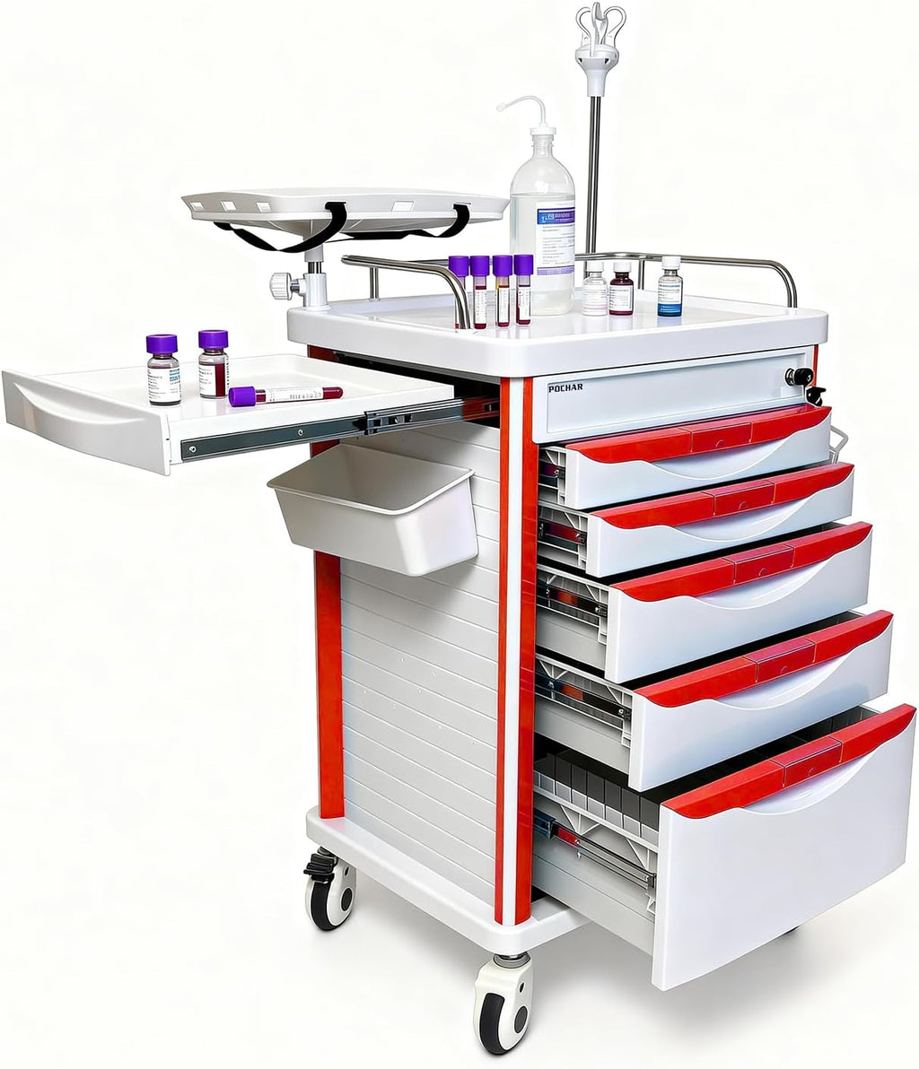 Medical Crash Cart with Emergency Accessory - Cardiac Board, IV Pole, O2 Holder, Power Strip, Trash Bin, Drawers with