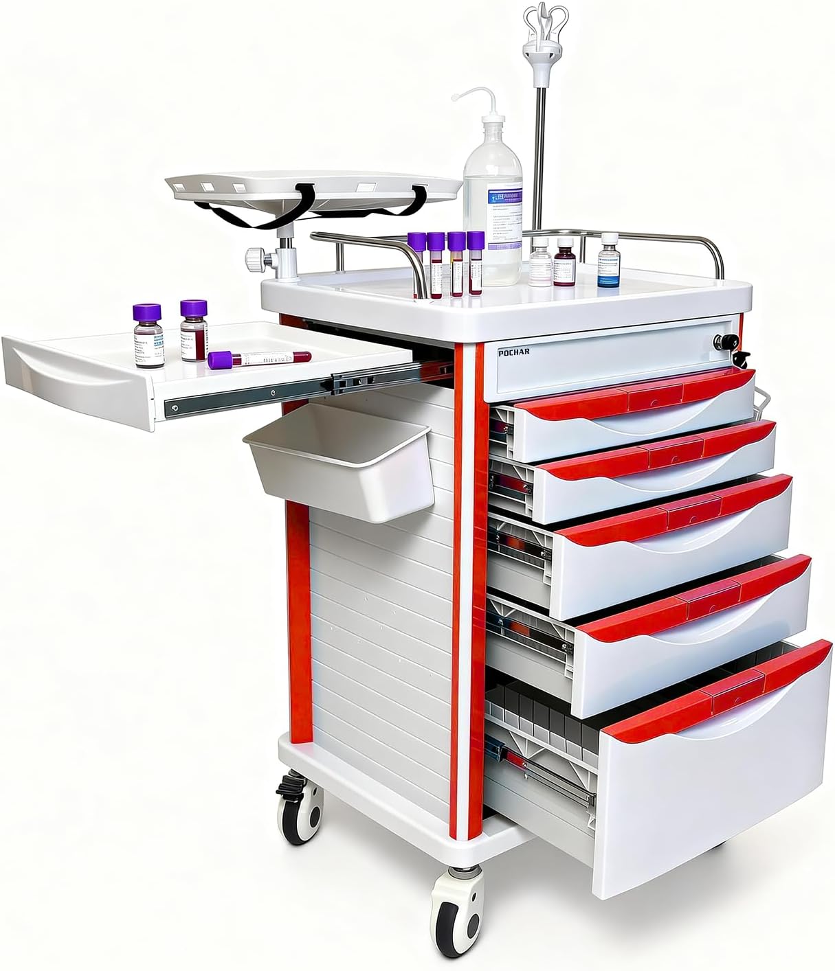 Medical Crash Cart with Emergency Accessory - Cardiac Board, IV Pole, O2 Holder, Power Strip, Trash Bin, Drawers with