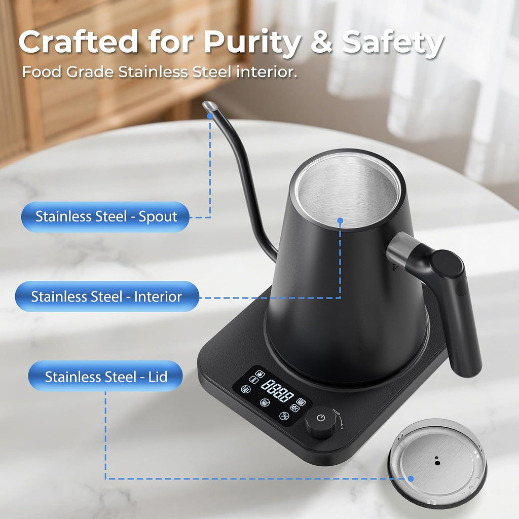 Gooseneck Electric Kettle, ±1°F Temperature Control Electric Kettle, 1.0L 1200W Fast Heating, 24H Keep Warm, 30Min