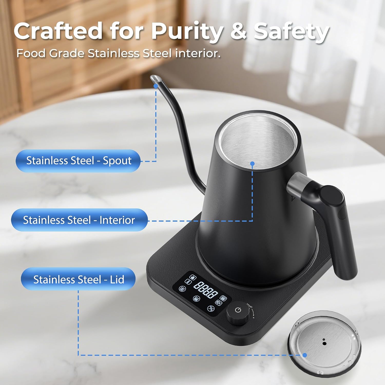 Gooseneck Electric Kettle, ±1°F Temperature Control Electric Kettle, 1.0L 1200W Fast Heating, 24H Keep Warm, 30Min
