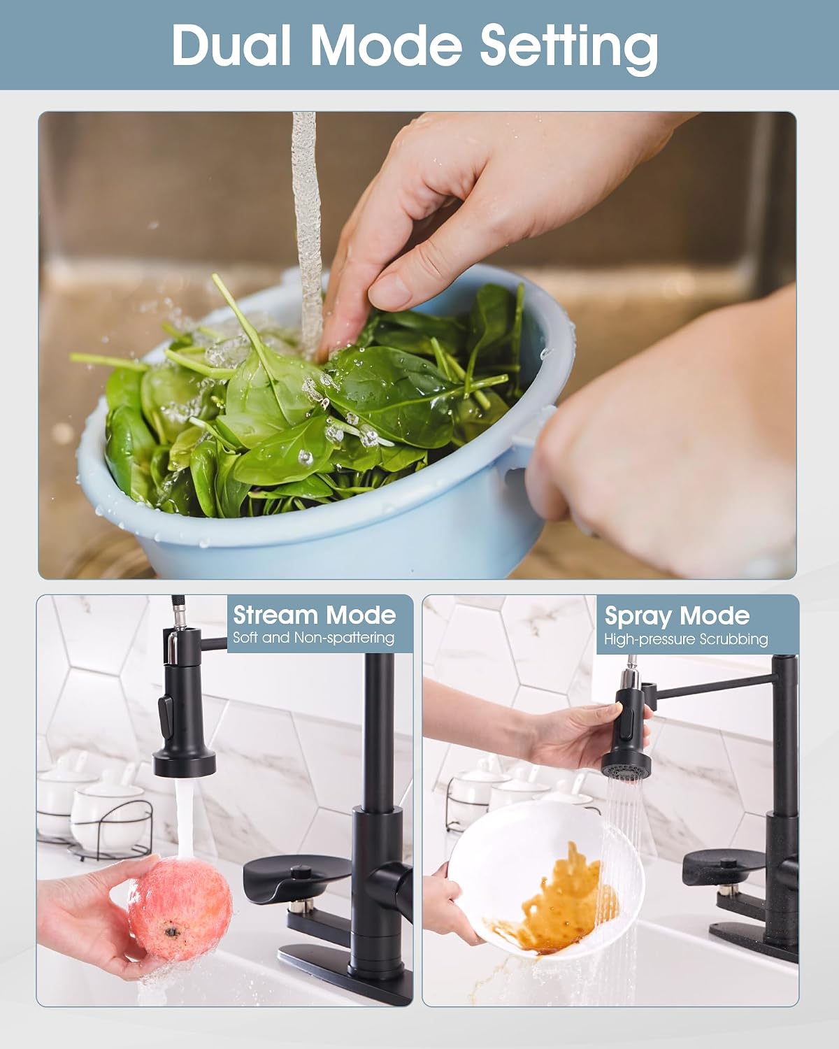 Kitchen Sink Fuacet with Glass Rinser, Single Handle Kitchen Faucet with Pull Down Sparyer, 304 Stainless Steel, Deck