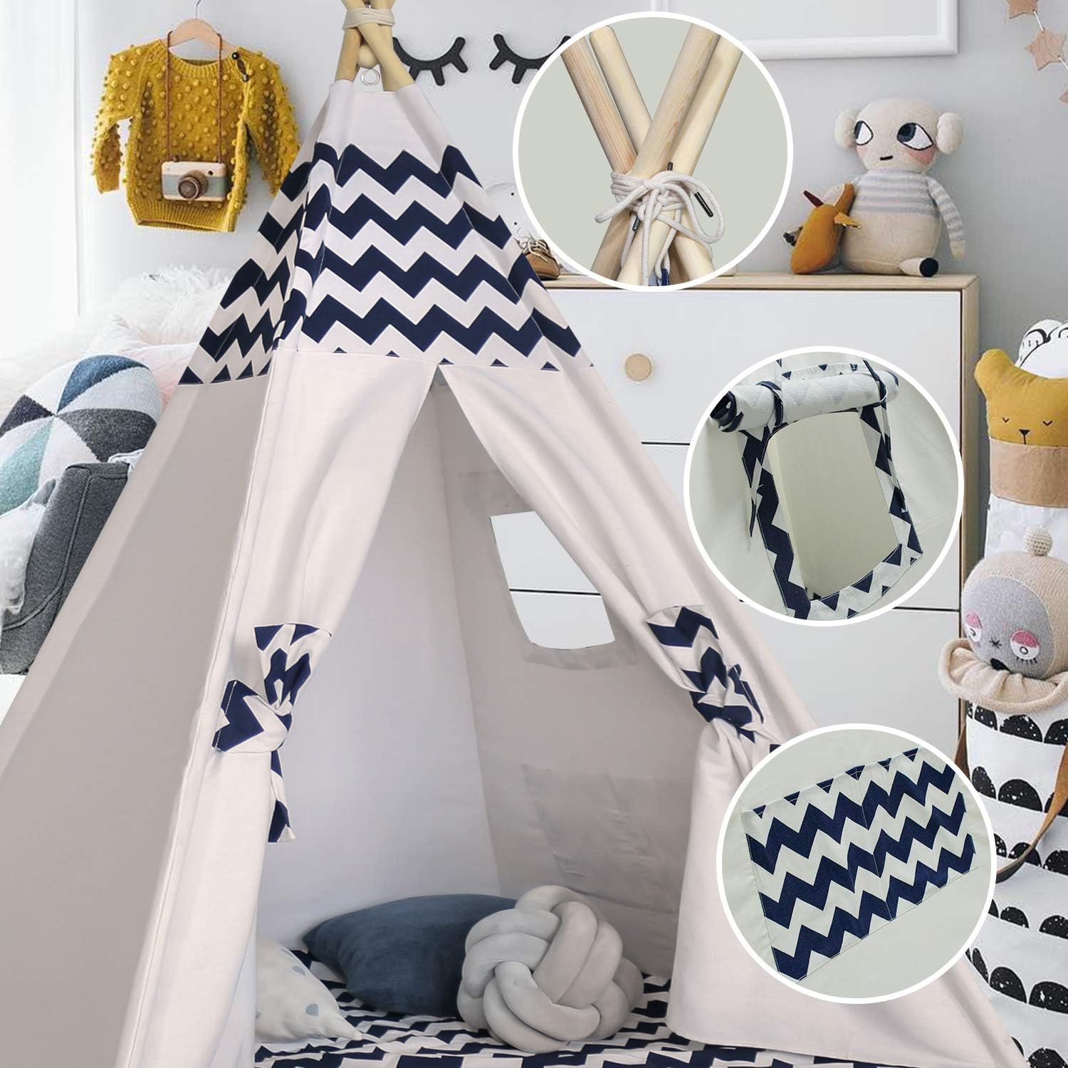 Teepee Tent for Kids - Play Tent with Mat, Indoor Outdoor Playhouse, Indian Canvas Tipi Wigwam, Children's Navy